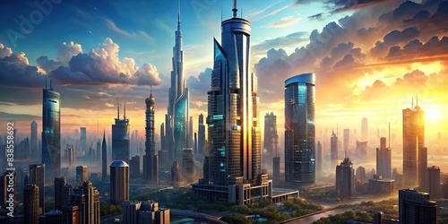 Futuristic cyberpunk style skyscraper towering over the city, futuristic, cyberpunk, skyscraper, tall, building, future, technology, neon, lights, urban, architecture, cityscape, digital photo