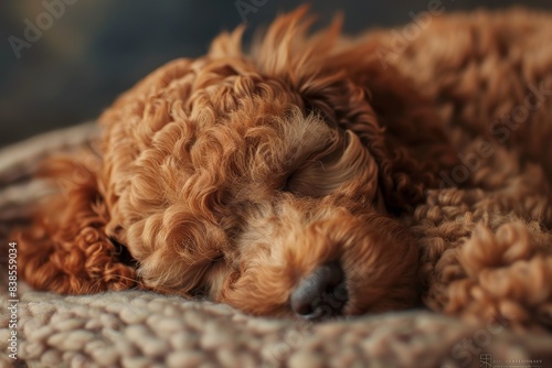 poodle puppy sleeping on the bed Generative AI © Roman