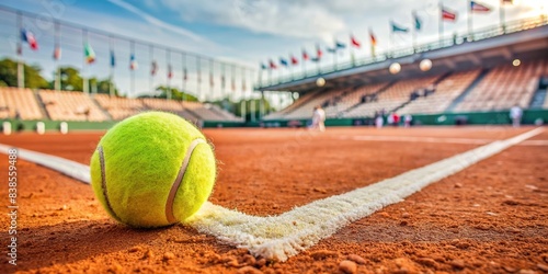 Close-up of tennis ball on clay court with Roland Garros banner in background, tennis, ball, clay court, sports, texture, Roland Garros, banner, copy space, competition, tournament photo