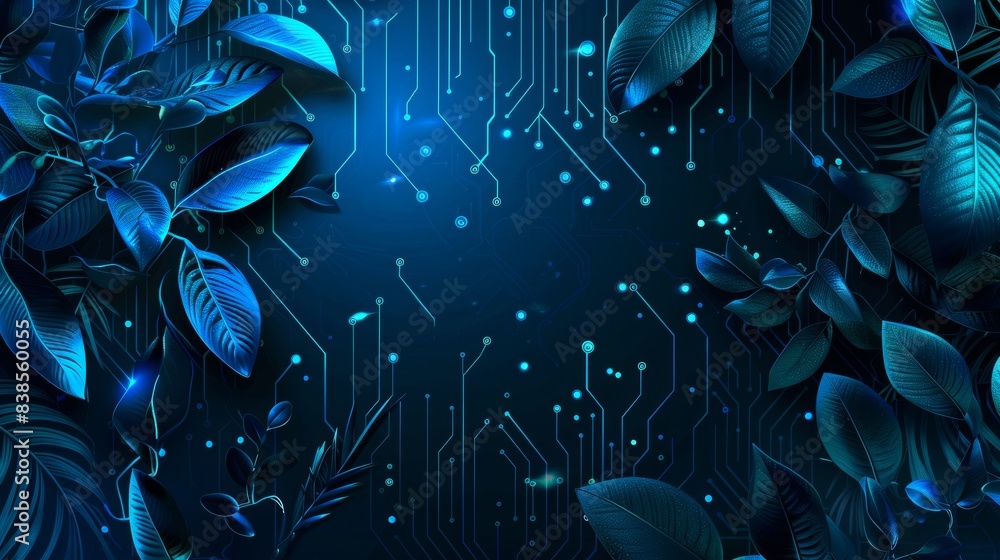 Naklejka premium Abstract background with digital glowing lights and circuit board wall with natural leaves and vines elements on a dark blue background, high quality rendered illustration of an futuristic technology