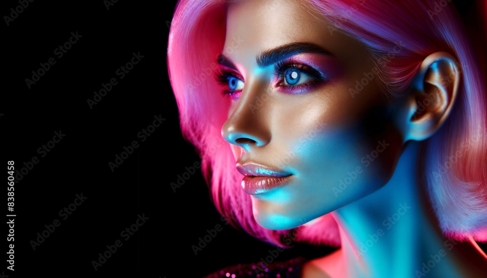 Fototapeta premium Woman With Pink Hair Illuminated by Blue and Pink Lights