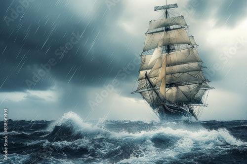 A majestic ship sailing through rough seas under a stormy sky, representing resilience and determination in overcoming life's challenges.. AI generated.