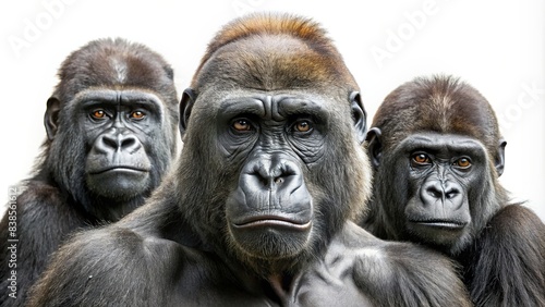 Portrait of gorilla family with baby, isolated on white background , gorilla, family, baby, wildlife, animals, cute, mother, father, ape, primate, nature, love, parenting, young, isolated photo