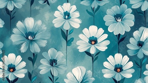 Floral Harmony: Stylized Flowers on Teal Background