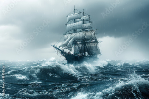 A majestic ship sailing through rough seas under a stormy sky, representing resilience and determination in overcoming life's challenges.. AI generated.