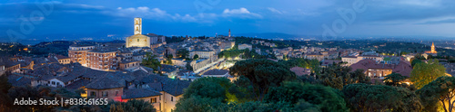 Perugia - The look to south - panorama of east part of old town with the churches San Lorenzo and Abbazia di San Pietro at dusk  photo