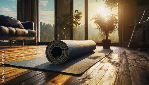 Yoga mat on a hardwood floor, fitness concept, morning exercise and healthy lifestyle at home