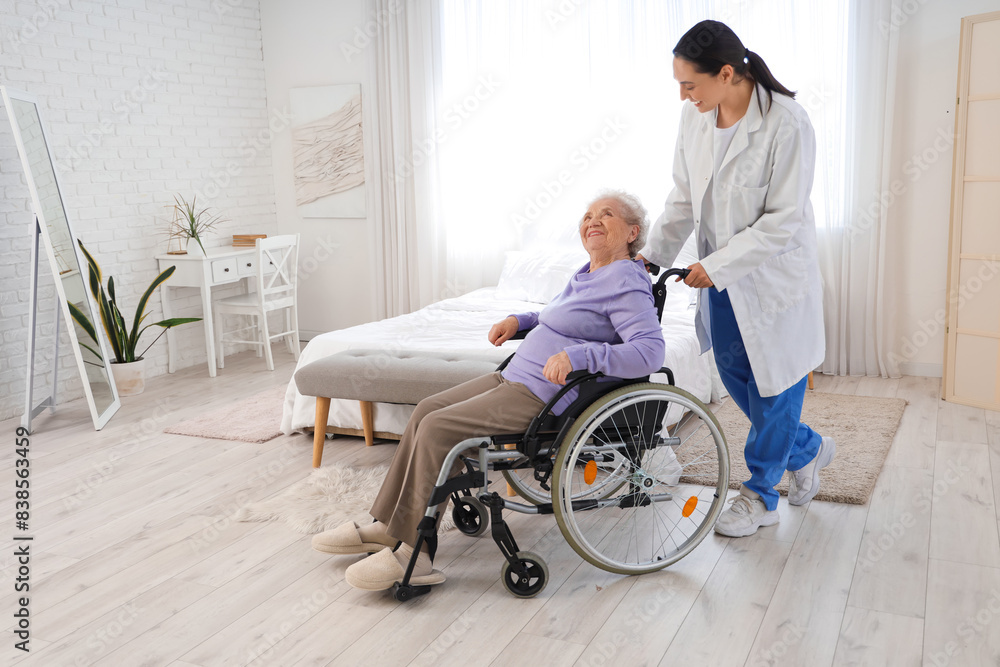 Physical therapist with senior woman in wheelchair at home Physical therapist with senior woman in wheelchair at home