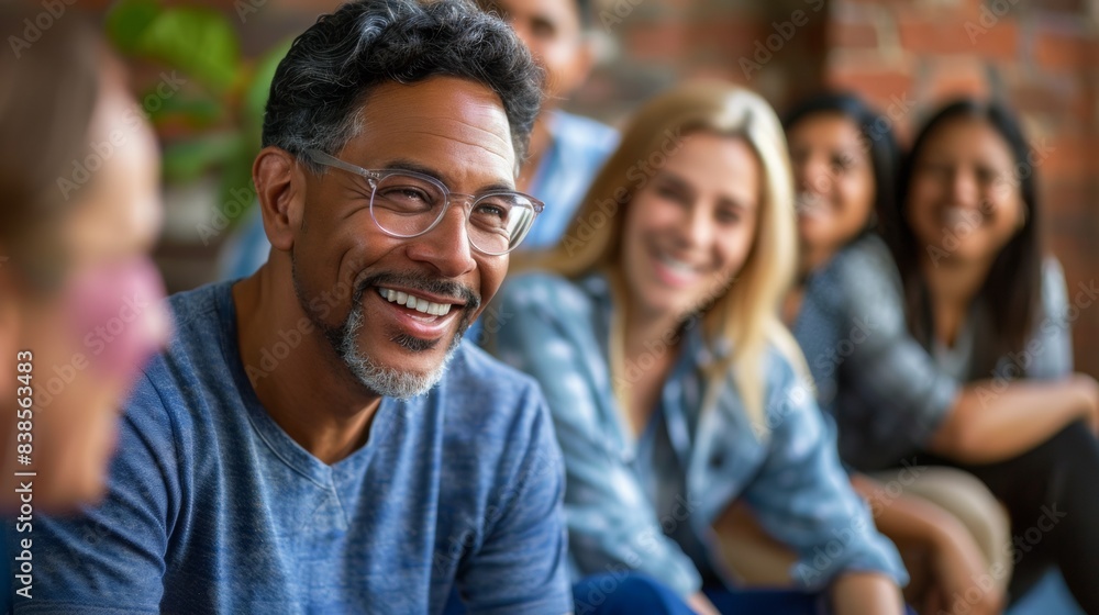 Fototapeta premium A group of people sitting together smiling and laughing, AI