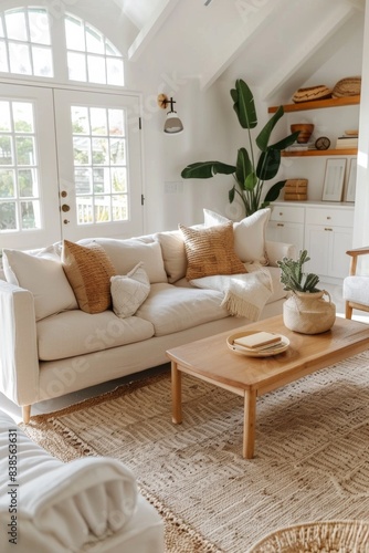 A living room with a white couch, coffee table and rug, AI