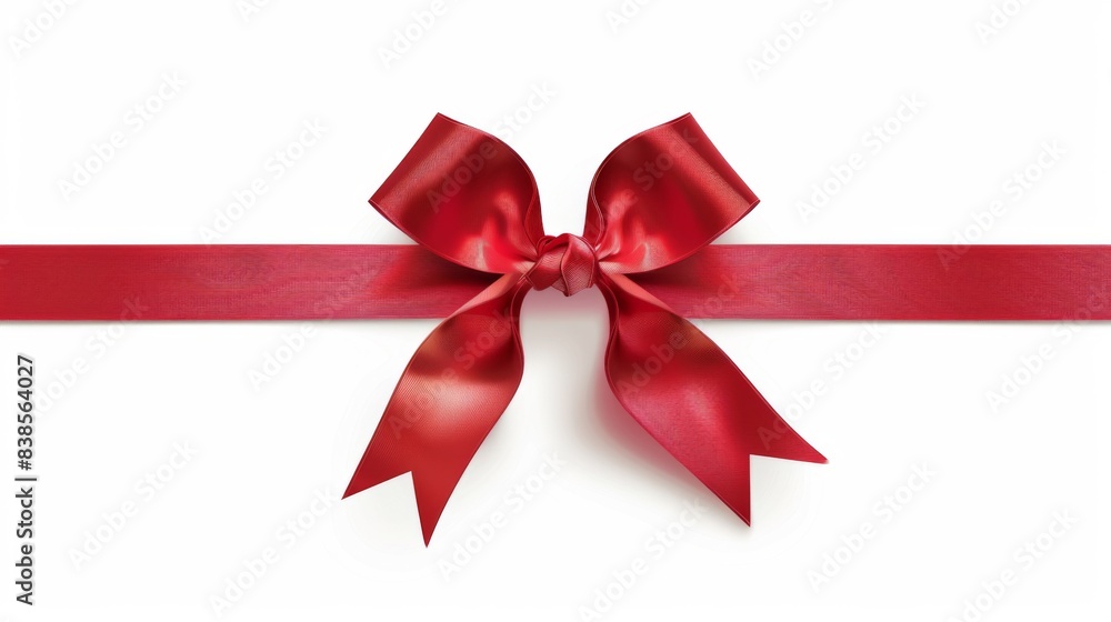 Fototapeta premium Red bow ribbon with ribbon for card isolated on white background. Holiday decoration