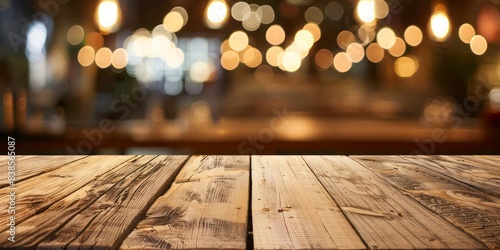 Wooden Table Top Front View with Blur Restaurant Background for Product Presentation - AI Generated