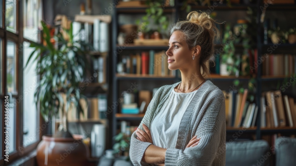 A woman standing in front of a book shelf with her arms crossed, AI A woman standing in front of a book shelf with her arms crossed, AI