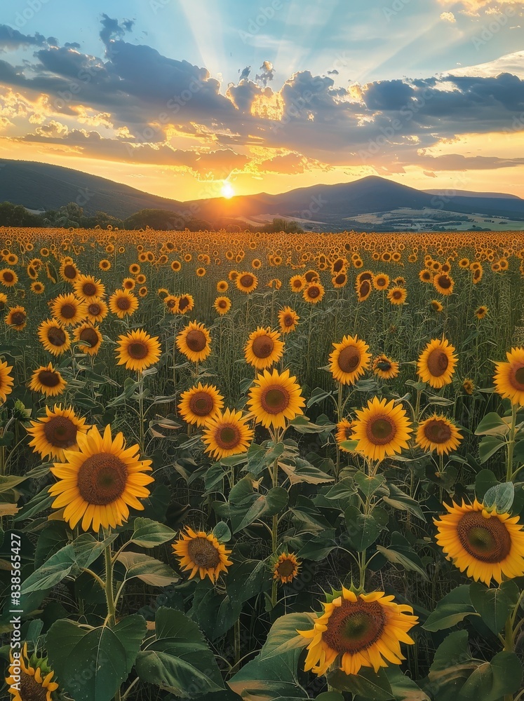 Sunflowers Blooming at Sunset in a Field Near the Mountains