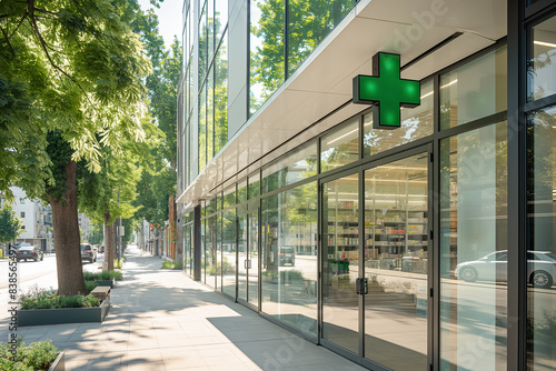 A modern pharmacy with a green cross signboard is situated on an urban street during the daytime, reflecting the contemporary healthcare services it offers to the city residents