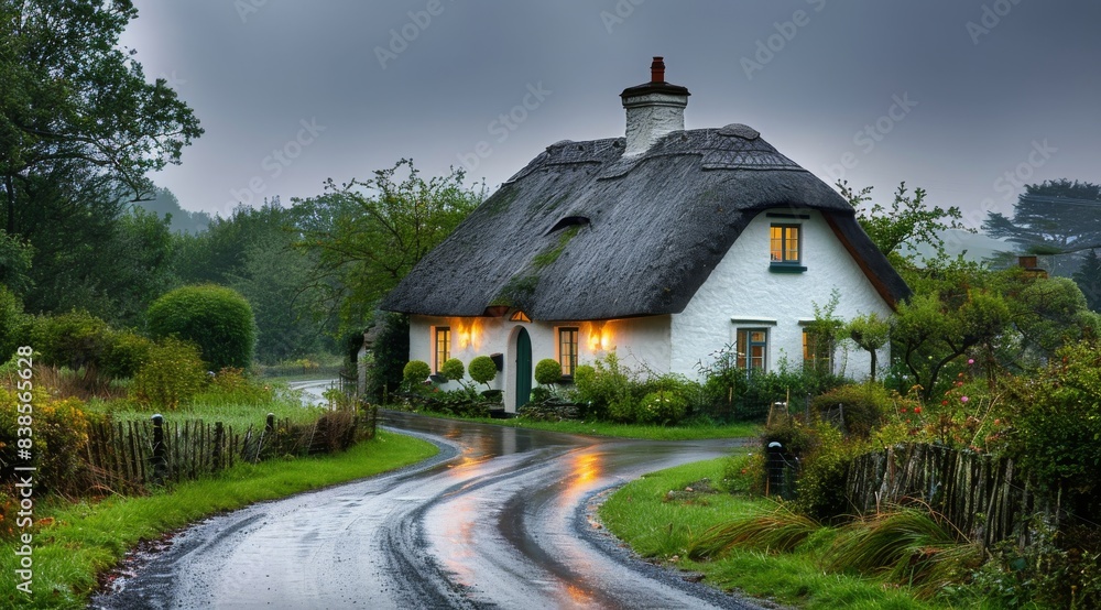 Fototapeta premium Charming Cottage on a Rainy Evening in the English Countryside