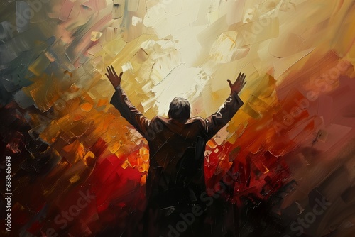 Man in Worship Pose - Artwork of Hands Raised in Devotion photo