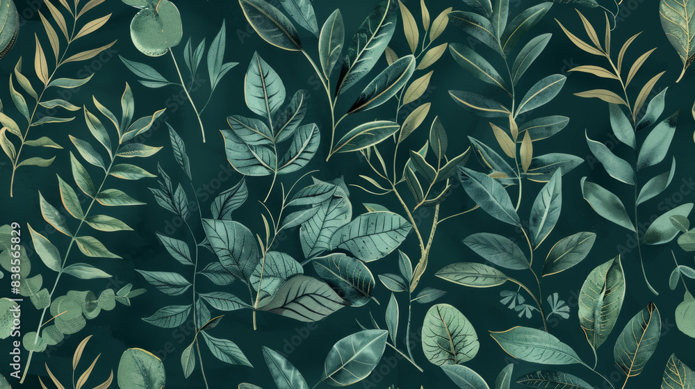 Tile green foliage pattern. Botanical design for wallpaper, fabric, digital backgrounds. Tile green foliage pattern. Botanical design for wallpaper, fabric, digital backgrounds.