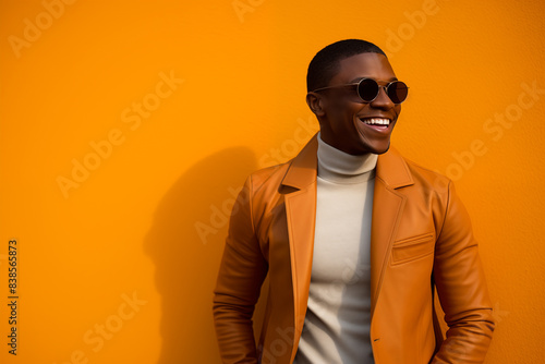 portrait of a African American man with short hair and sunglasses looking off to the his left smiling in a turtle neck against an orange background