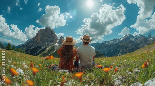 A couple is sitting in a grassy field, enjoying the view of a majestic mountain, with a bright sunny sky overhead © familymedia