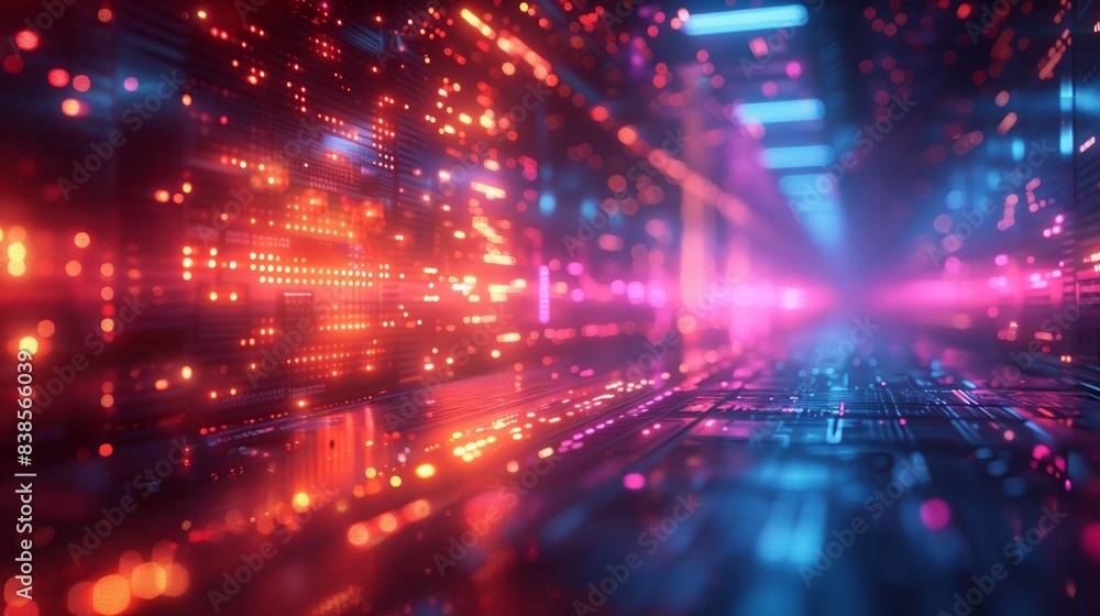 Naklejka premium A digital corridor with retro tech elements bathed in vibrant red and blue neon light.