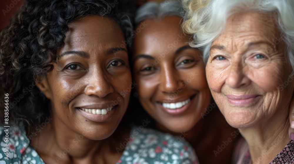 Three women are smiling and looking at the camera, AI Three women are smiling and looking at the camera, AI