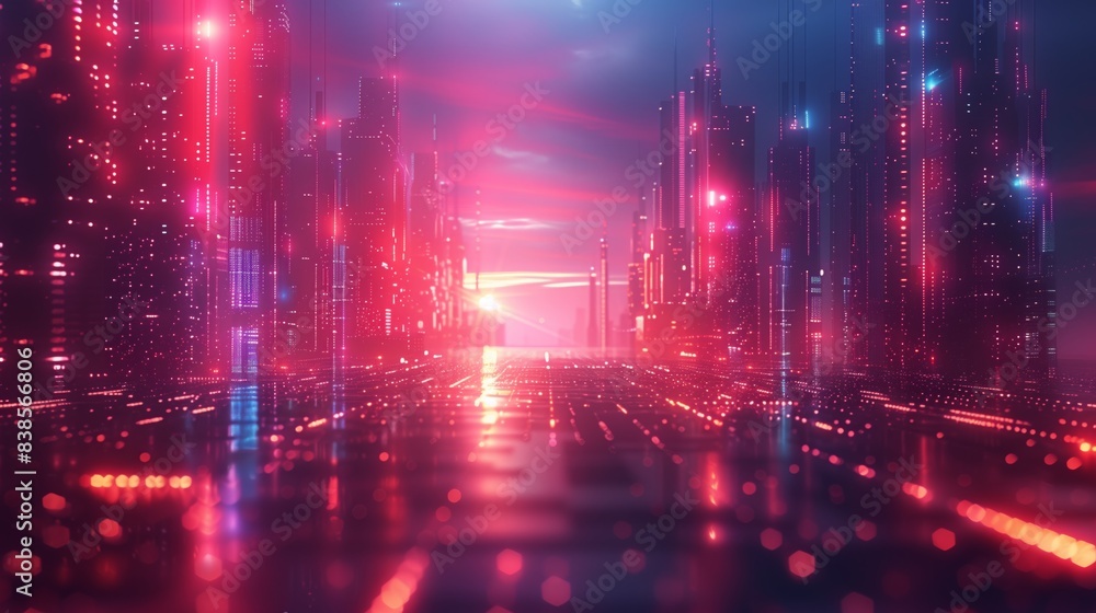 A digital cityscape bathed in vibrant red and blue neon lights, creating a futuristic and atmospheric scene. A digital cityscape bathed in vibrant red and blue neon lights, creating a futuristic and atmospheric scene.