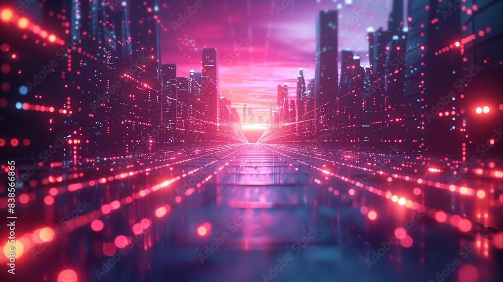 A futuristic cityscape with glowing pink and blue lights. The digital grid creates a path leading to a bright light in the distance. A futuristic cityscape with glowing pink and blue lights. The digital grid creates a path leading to a bright light in the distance.