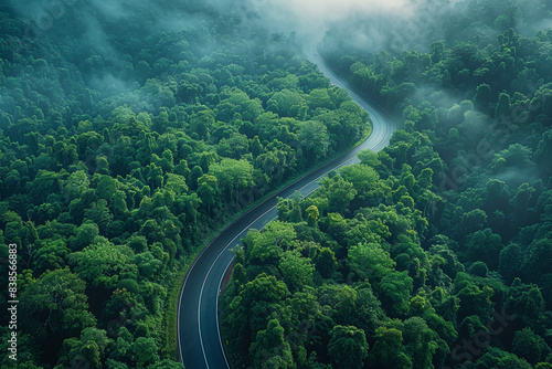 Top-down photo of a highway cutting through a dense forest. Concept of infrastructure and nature. Generative Ai.
