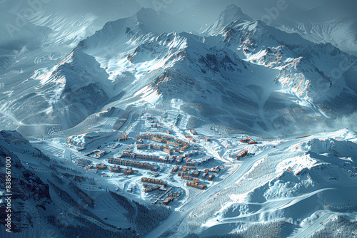 Aerial shot of a ski resort with winding trails and snowy peaks. Concept of leisure and winter sports. Generative Ai. photo