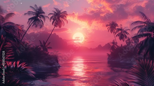 A beautiful sunset over a tropical island with palm trees and a pink sky.