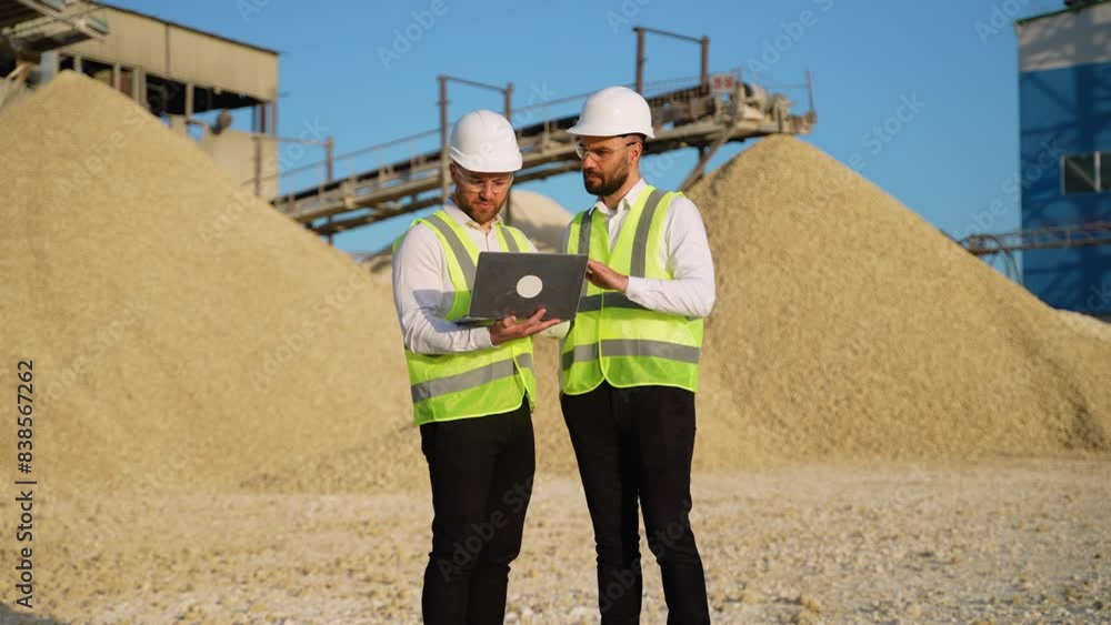 Two men workers with laptop talking in stone quarry Two men workers with laptop talking in stone quarry