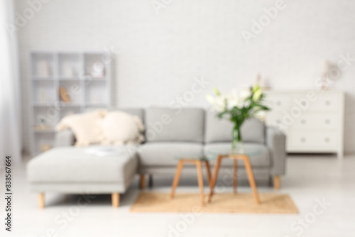 Interior of stylish living room with grey sofa, pillows and vase of lily flowers on coffee table, blurred view