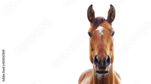 front view of brown horse head with its body isolated on white background