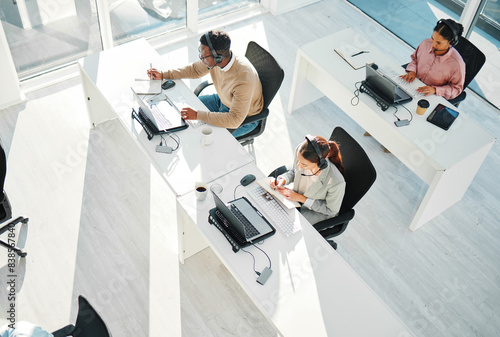 Konstfotografi Call center, group and team at telemarketing help desk with laptop for customer service, IT support or coworking agency from above