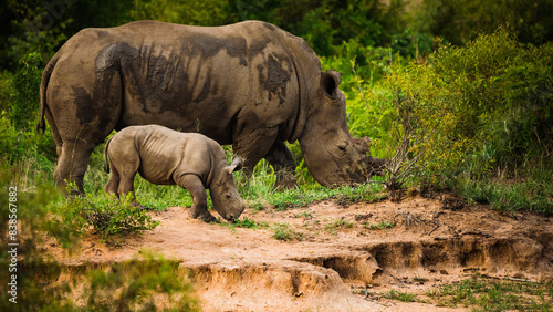 Rhino and calf in the wild grazing