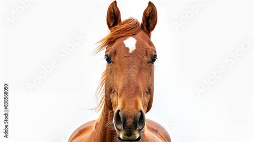 front view of brown horse head with its body isolated on white background