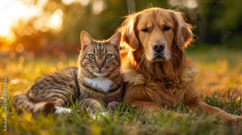 A cat and dog sitting in the grass together, AI A cat and dog sitting in the grass together, AI