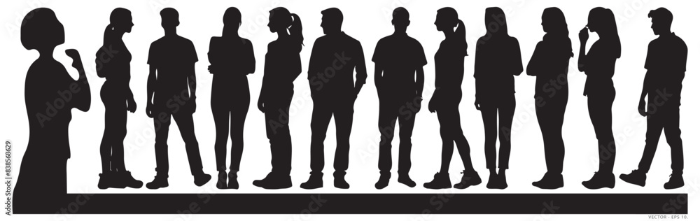 Black Silhouette of Group Standing in Various Poses and Emotions Black Silhouette of Group Standing in Various Poses and Emotions