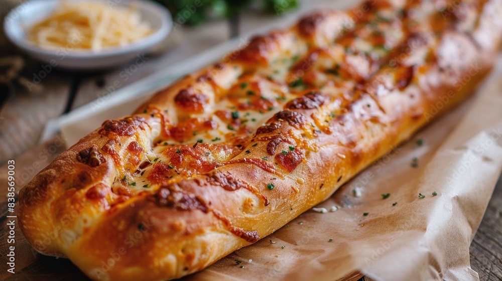 A long bread with cheese and herbs on a wooden table, AI A long bread with cheese and herbs on a wooden table, AI