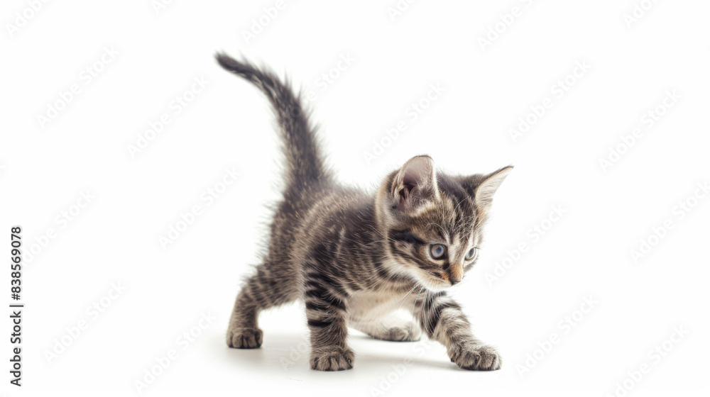 Playful kitten in a moment of curious exploration, white background. Playful kitten in a moment of curious exploration, white background.