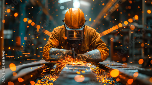 A worker wearing protective gear in steel fabrication workshop and welding steel with sparks flying inside the factory
