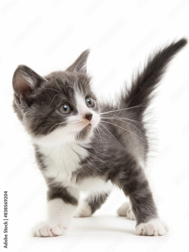Playful kitten in a moment of curious exploration, white background. Playful kitten in a moment of curious exploration, white background.