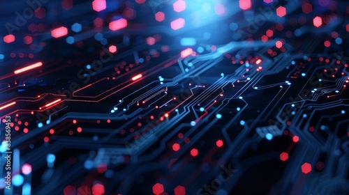 Abstract background with digital glowing lights and circuit board wall underwater elements on a dark blue background, high quality 3D rendered illustration of an abstract futuristic technology