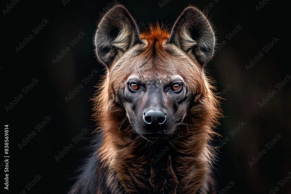 Mystic portrait of Brown Hyena in studio, copy space on right side, Anger, Menacing, Headshot, Close-up View Isolated on black background Mystic portrait of Brown Hyena in studio, copy space on right side, Anger, Menacing, Headshot, Close-up View Isolated on black background