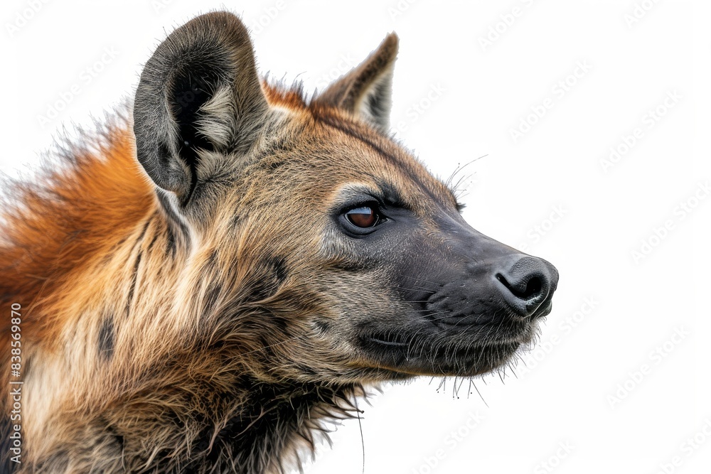 Mystic portrait of Brown Hyena studio, copy space on right side, Anger, Menacing, Headshot, Close-up View Isolated on white background Mystic portrait of Brown Hyena studio, copy space on right side, Anger, Menacing, Headshot, Close-up View Isolated on white background