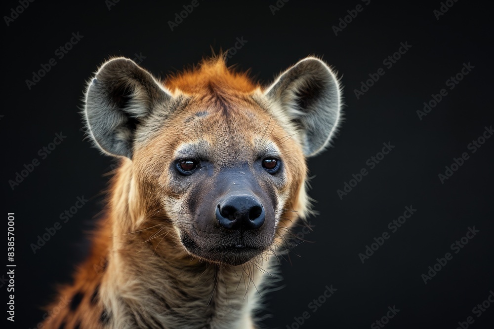 Mystic portrait of Spotted Hyena in studio, copy space on right side, Anger, Menacing, Headshot, Close-up View Isolated on black background Mystic portrait of Spotted Hyena in studio, copy space on right side, Anger, Menacing, Headshot, Close-up View Isolated on black background