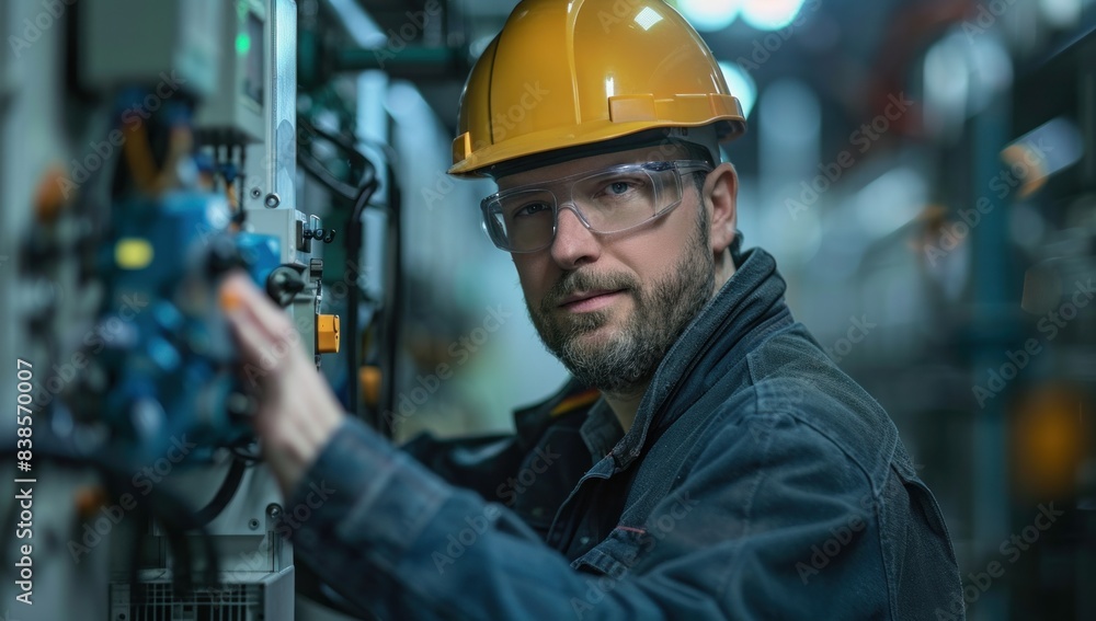 Show the technician inspecting the air quality monitor with a serious, focused expression, underscoring the importance of their work. Show the technician inspecting the air quality monitor with a serious, focused expression, underscoring the importance of their work.
