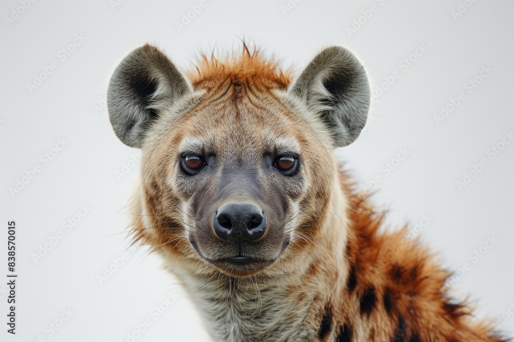 Mystic portrait of Spotted Hyena studio, copy space on right side, Anger, Menacing, Headshot, Close-up View Isolated on white background