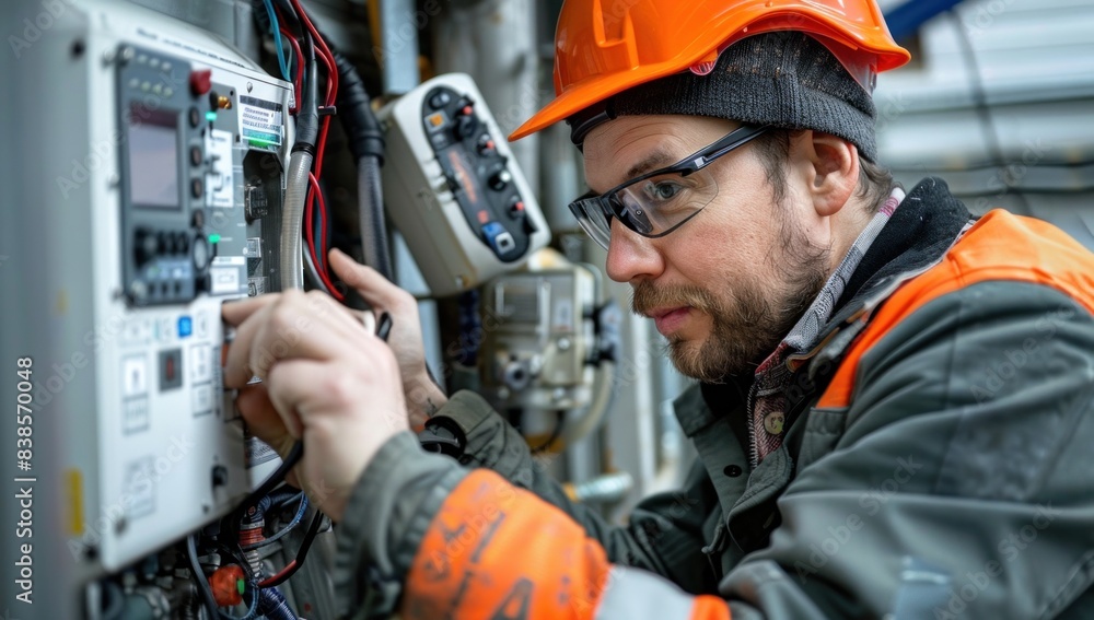 Show the technician inspecting the air quality monitor with a serious, focused expression, underscoring the importance of their work. Show the technician inspecting the air quality monitor with a serious, focused expression, underscoring the importance of their work.
